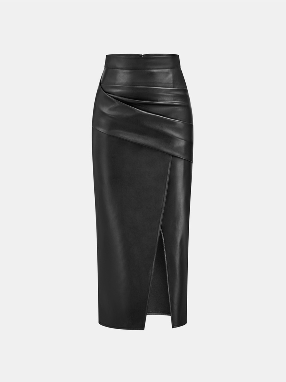 Commense Ruched Slit PU Leather Midi Skirt